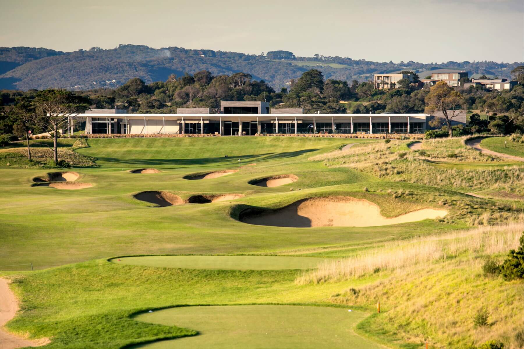 The eighteenth fairway of the Open Course is sprinkled with deep bunkers
