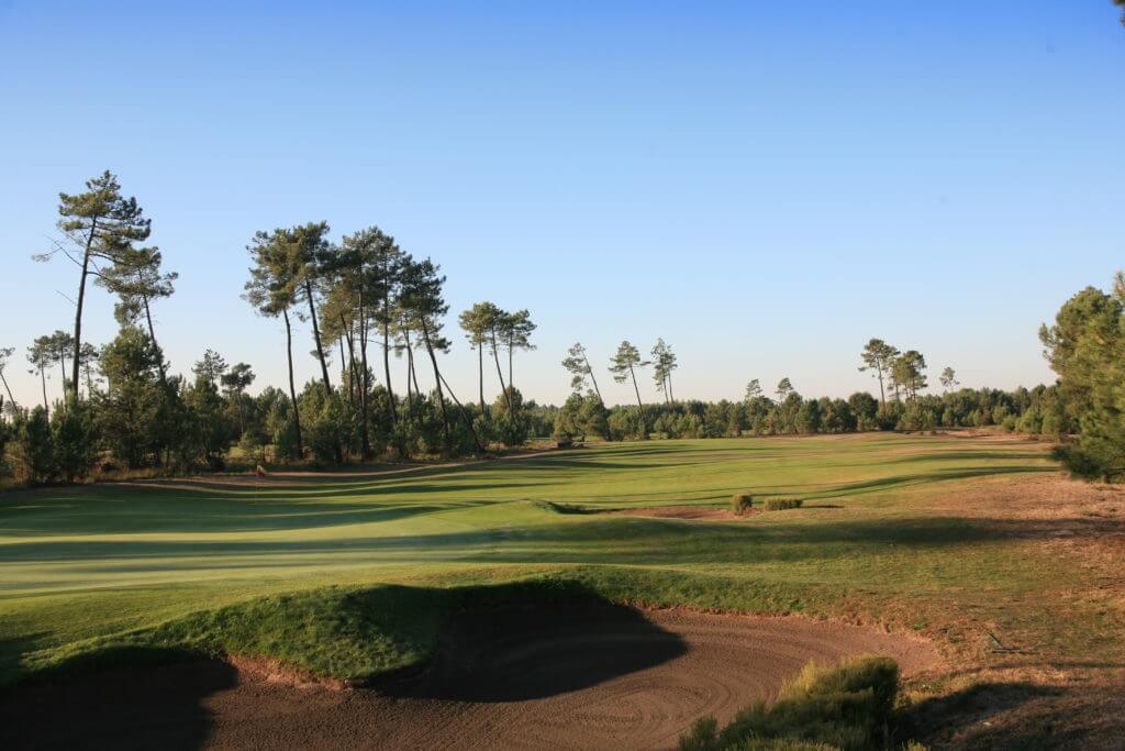 External view of pine trees towering over the Golf du Medoc Resort in France