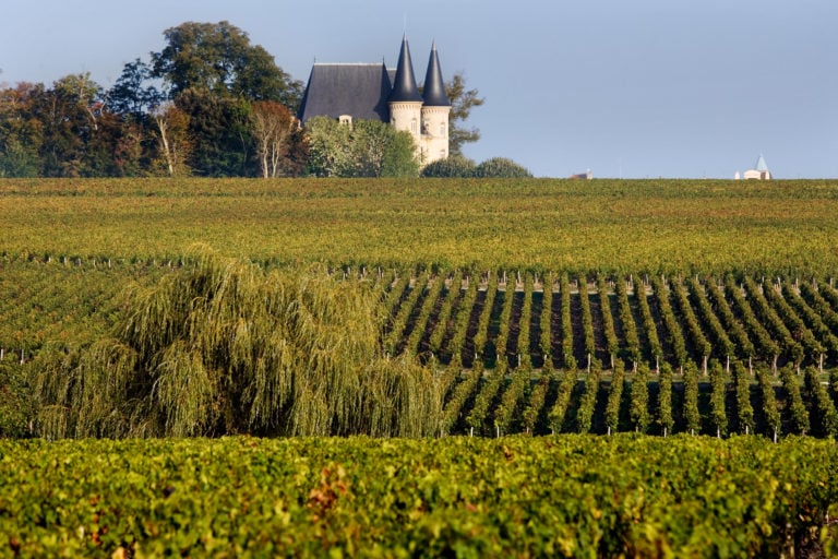 Vineyards and distant chateaux spires under a blue sky