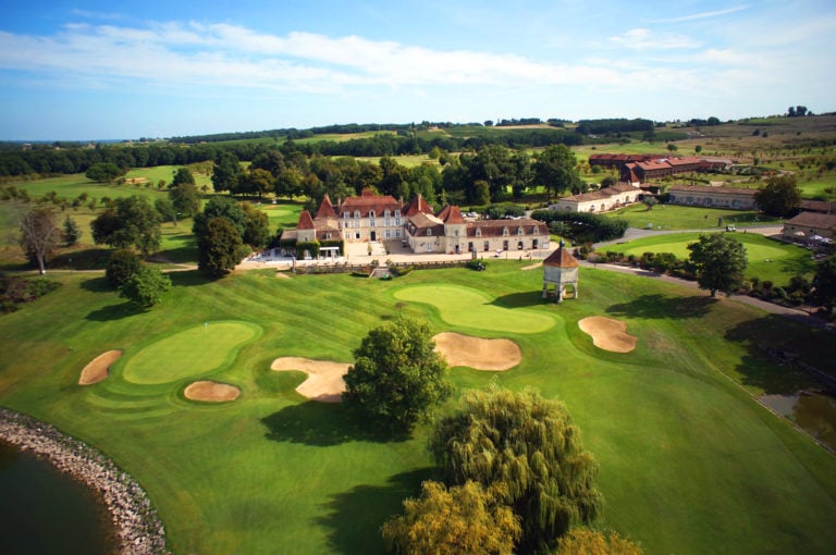 Aerial view of the Chateaux des Vigiers resort complex and golf course
