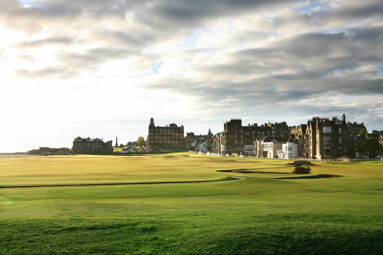 External view of The Old Course eighteenth hole with the iconic St Andrews backdrop