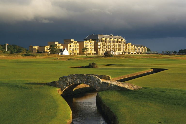 External view of the Old Course Hotel and famous Swilcan Bridge