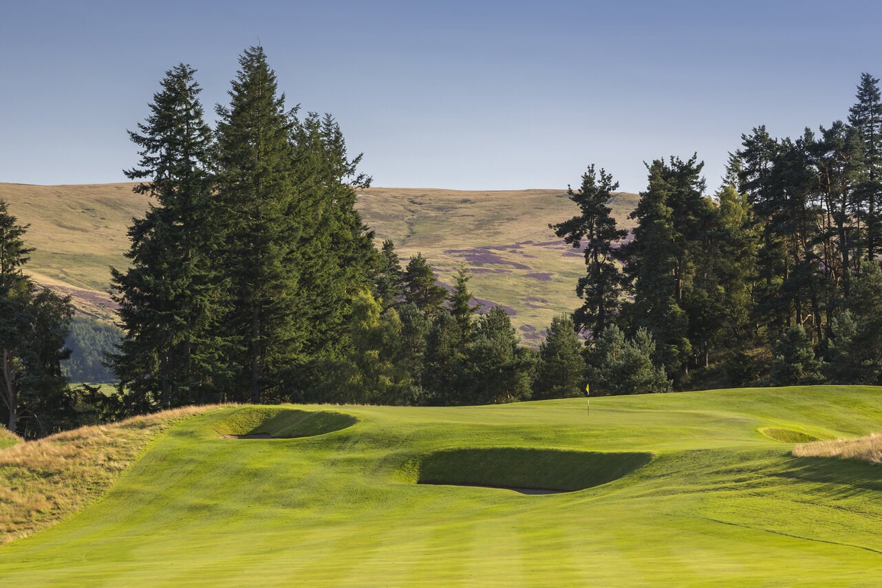 A green is overshadowed by fir trees and protected by pot bunkers