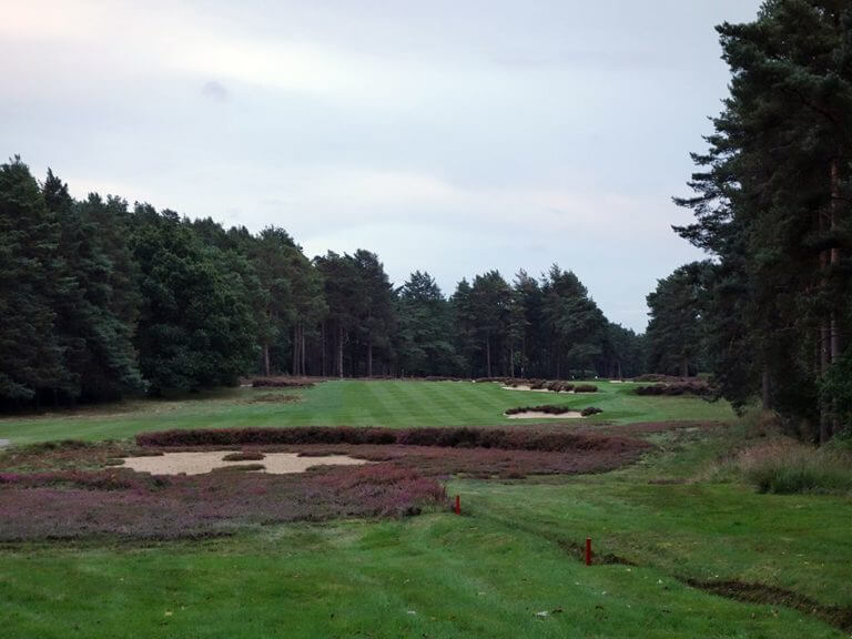 Dense heather combines with bunkers to create a tough fourteenth hole at Sunningdale Old Course