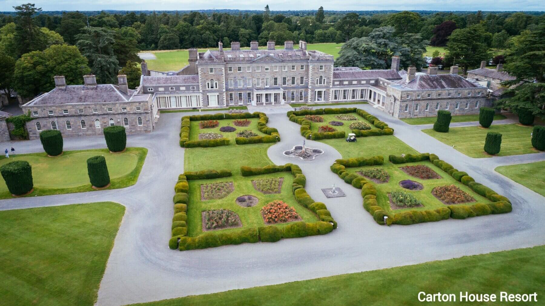 Aerial external view of Carton House main resort building and manicured gardens