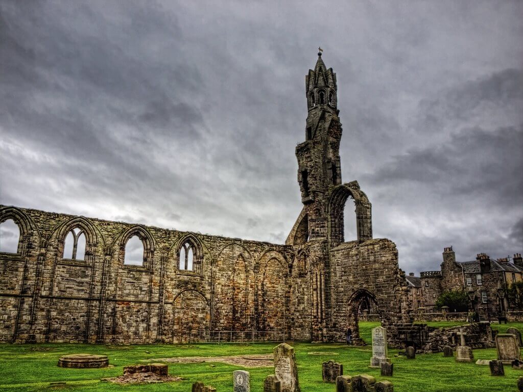 Dark clouds contrast with St Andrews Cathedral ruins