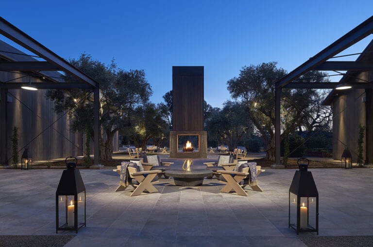 Outdoor fire-pit and seating area at twilight, Ojai Valley Inn