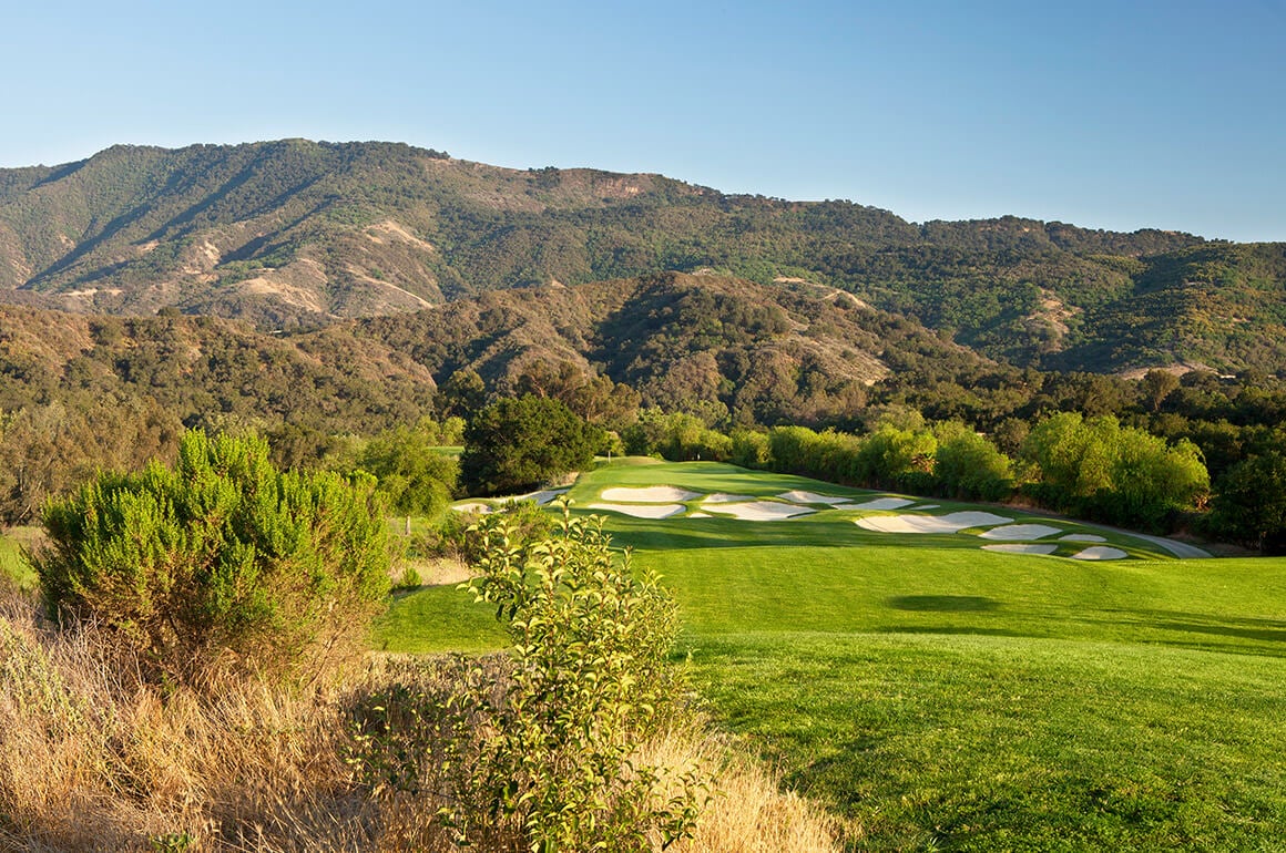 Landscape view of Ojai Valley Inn's famous golf course and background mountains