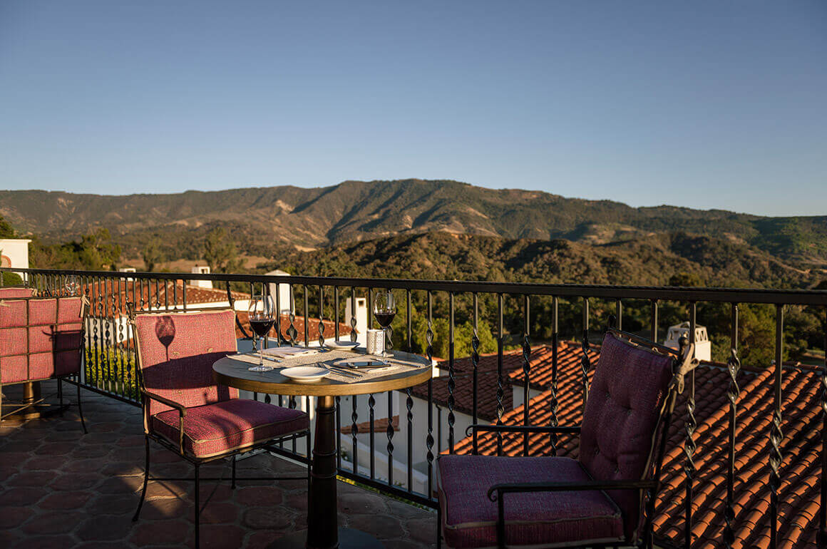 View from the outdoor terrace dining area at Ojai Valley Inn's Olivella restaurant