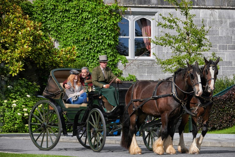 Guests ride in a Pony Trap on Castle grounds at Dromoland