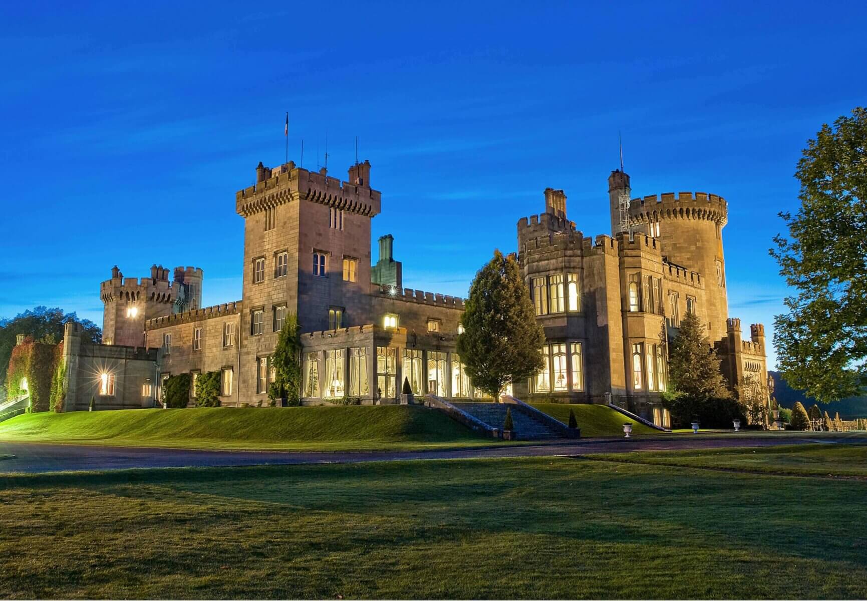 Lights shine inside Castle at Dromoland Hotel