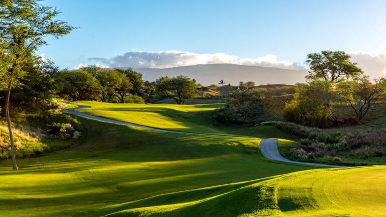 Golden light of sunset shines on the golf course at Hapuna Beach