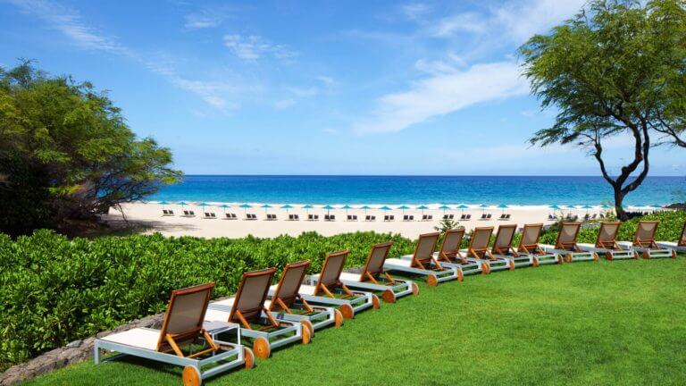 Lines of reclining sun lounges await guests at Westin Hapuna Beach Resort
