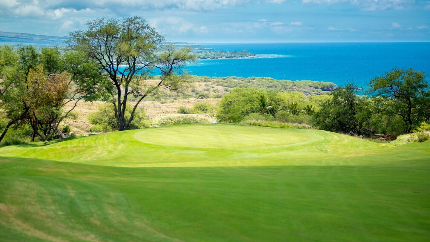 Overlooking a downhill green from the tee with distant Pacific Ocean