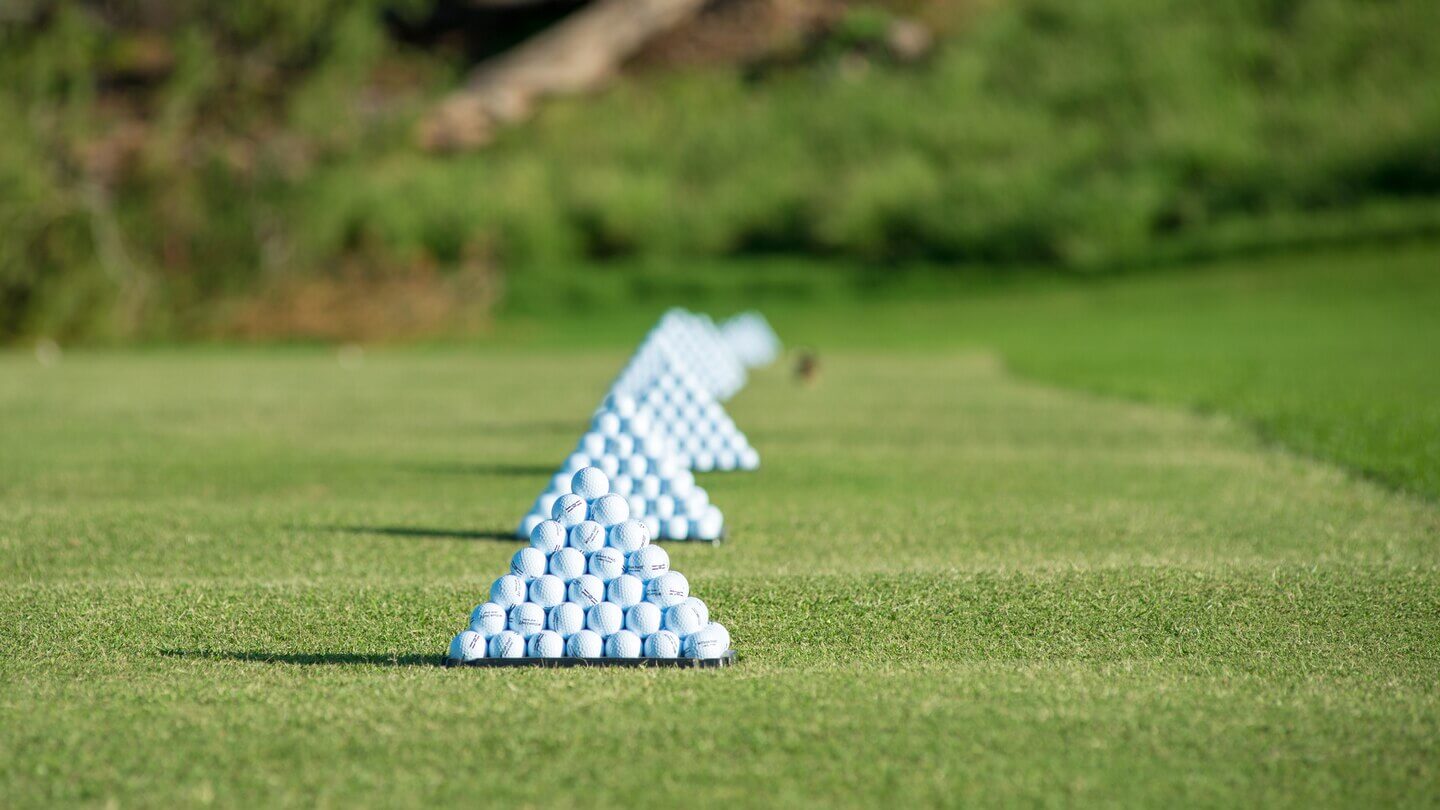 Square pyramids of golf balls await golfers at Westin Hapuna Beach driving range