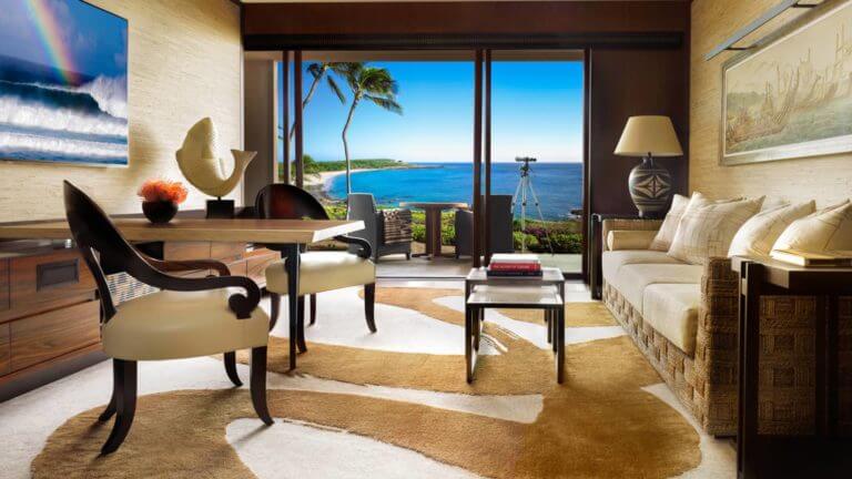 Oceanfront rooms have a private patio overlooking the Pacific Ocean at Lanai's Four Seasons Resort