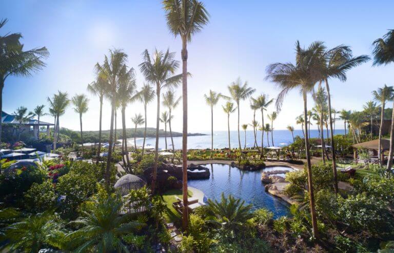 Large palm trees and dense foliage covers much of the lagoon pool at Four Seasons Lanai
