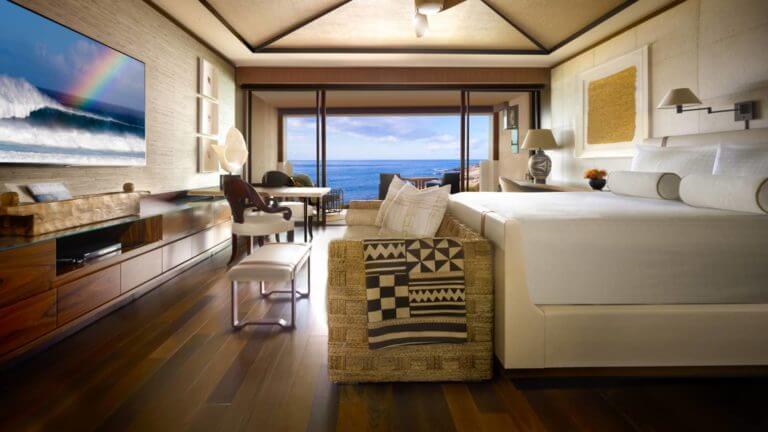 Internal view of an oceanfront room with contemporary furnishings