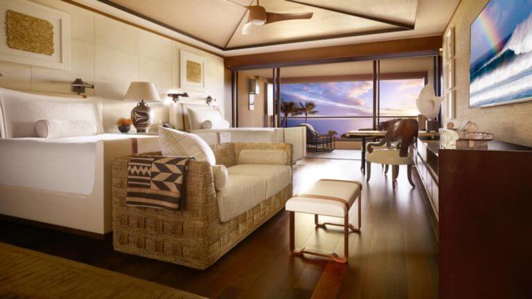 Wooden floors and light decor complete oceanview rooms at Lanai's Four Seasons Resort