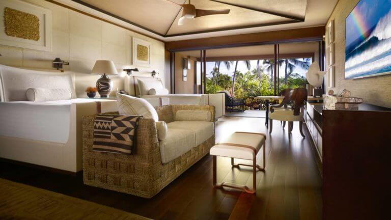 Contemporary furniture adorns the Garden Rooms at Four Seasons Lanai