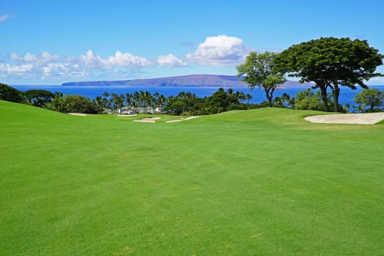 Overlooking the eighteenth fairway of the Emerald Course with distant views to Lanai