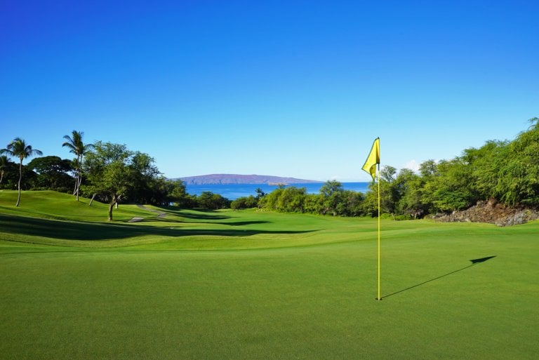 The fifth green of the Emerald Course enjoys views over the Pacific Ocean