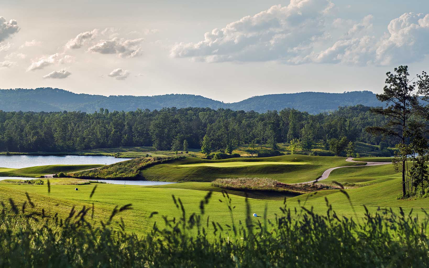 Overlooking a raised plateau green on the Backbreaker ninth hole