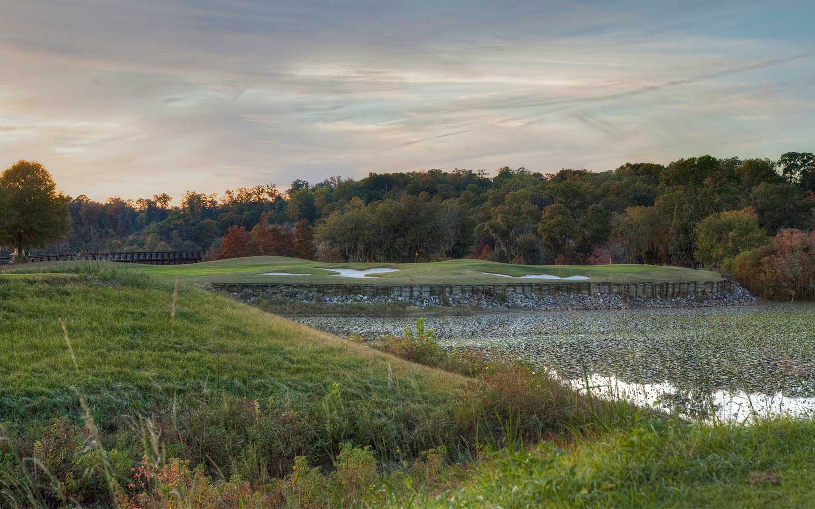 The sixteenth hole is flanked by a lake on the right side on the Judge course