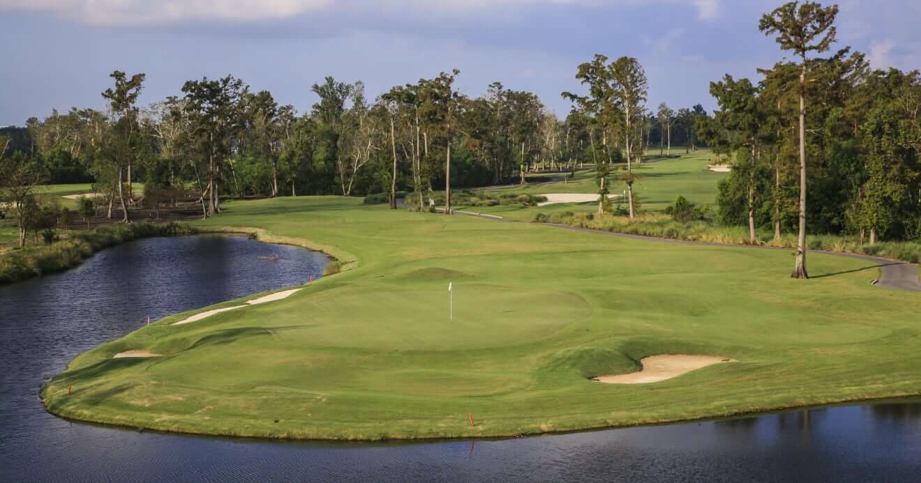 Overlooking the third hole with large trees in the distance