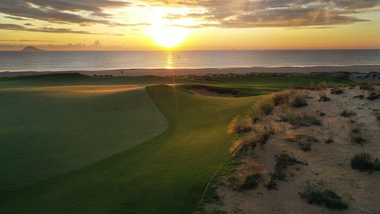 Golden sunlight and beach horizon from the golf course