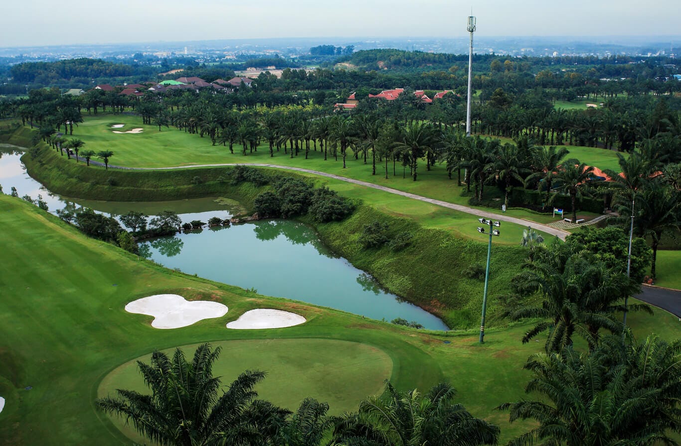Aerial view of overhead lights standing over the golf course at Long Thanh