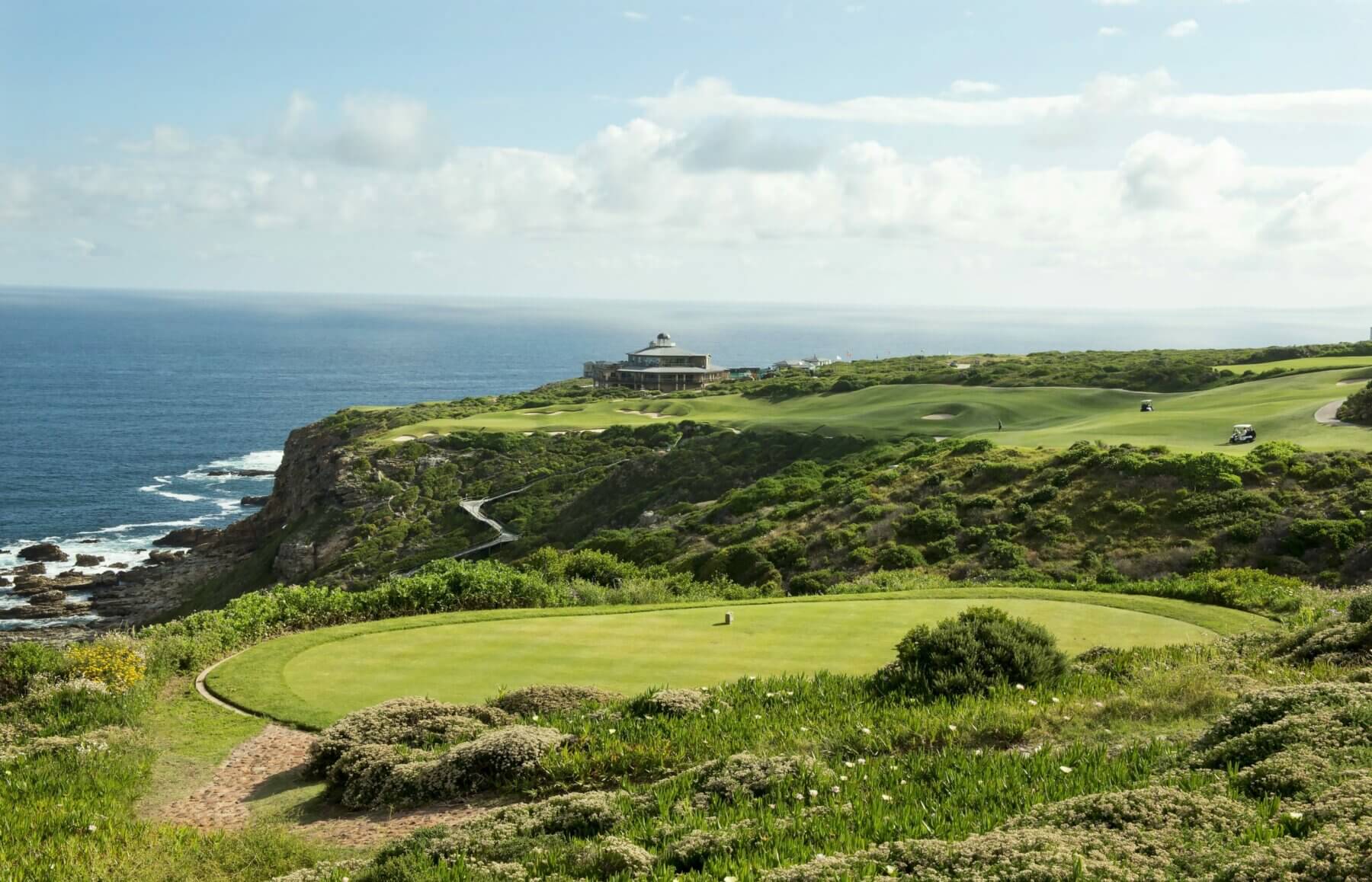 Seventeenth tee looking down the fairway at the distant clubhouse