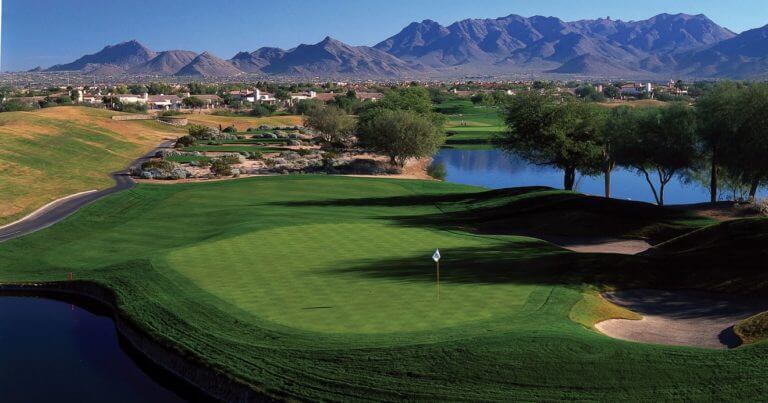 Aerial view of the twelfth green overlooking nearby Phoenix