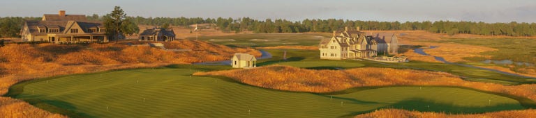 Overlooking a putting green and The Lodge at Erin Hills