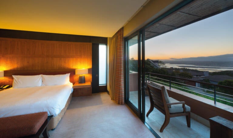 Luxurious hotel room overlooking Knysna Lagoon in South Africa's Garden Route